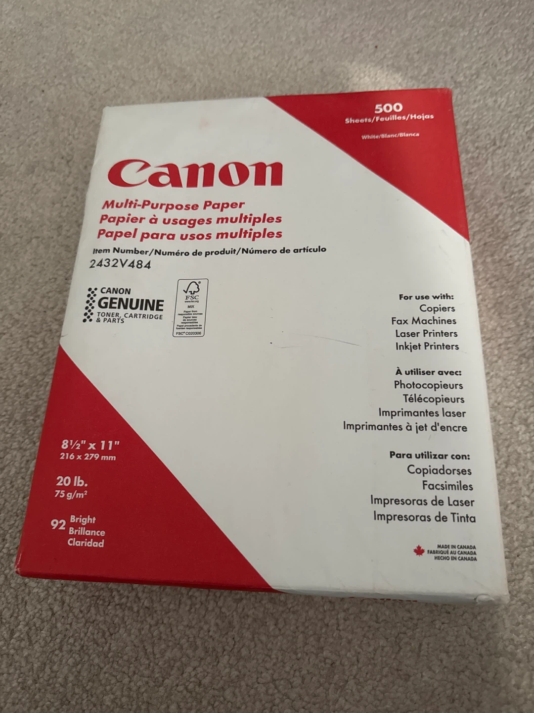 Canon Multi-Purpose Paper 8.5" x 11" White 500 Sheets