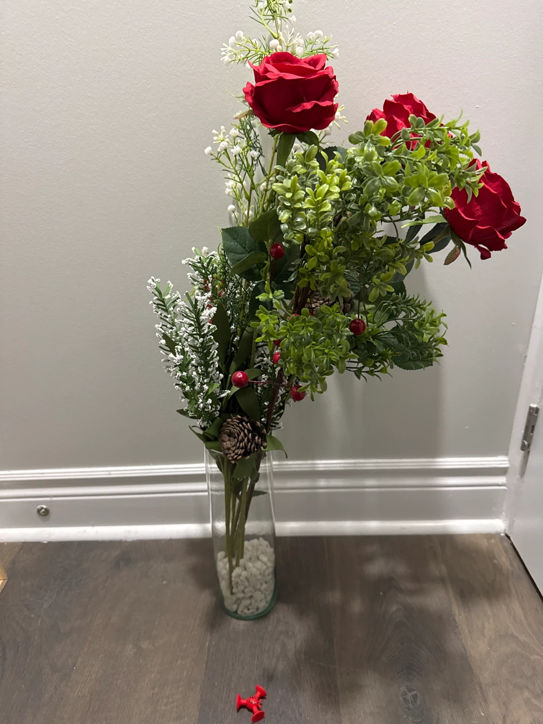 Artificial Flower Arrangement with Red Roses and Pinecones