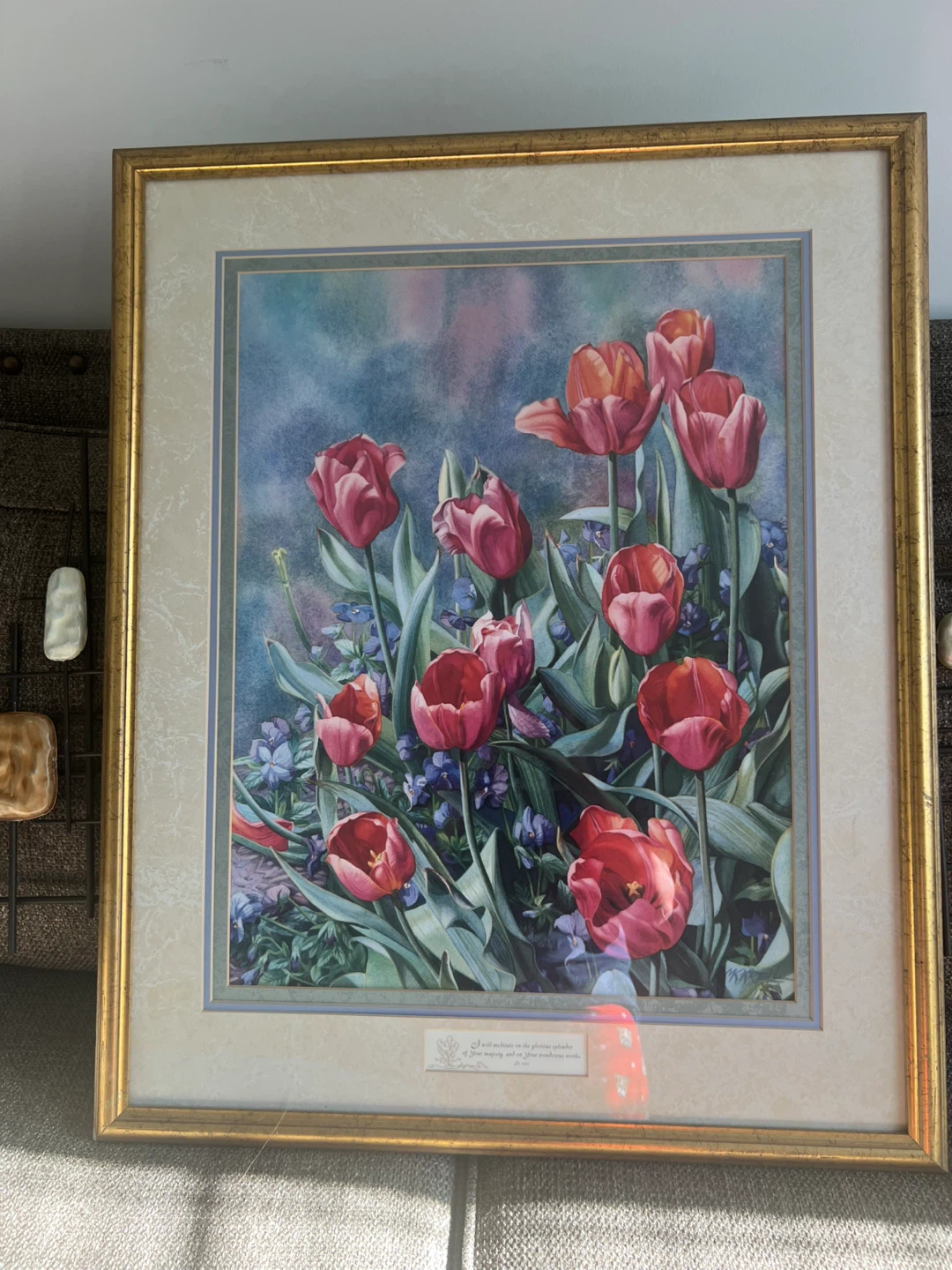 Framed Print of Red Tulips and Blue Flowers