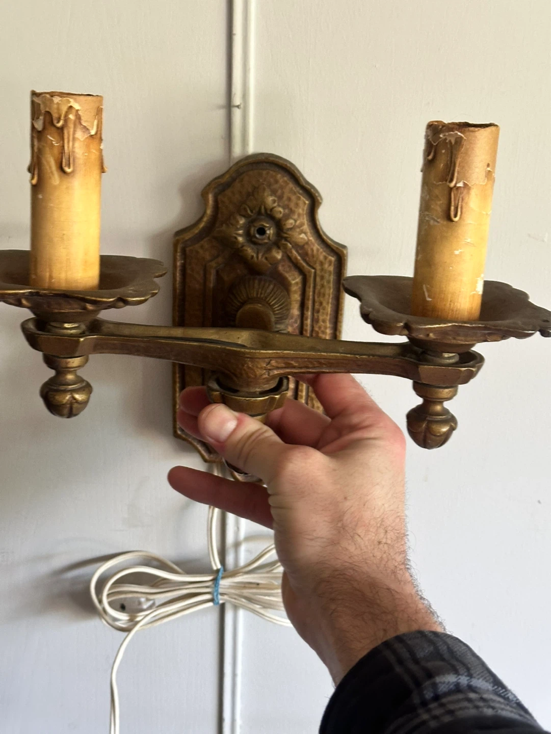 Antique heavy cast metal candlestick wall sconce