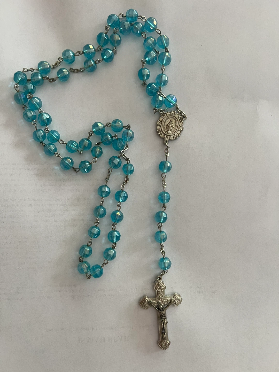 Blue Glass Beaded Rosary with Silver Tone Crucifix