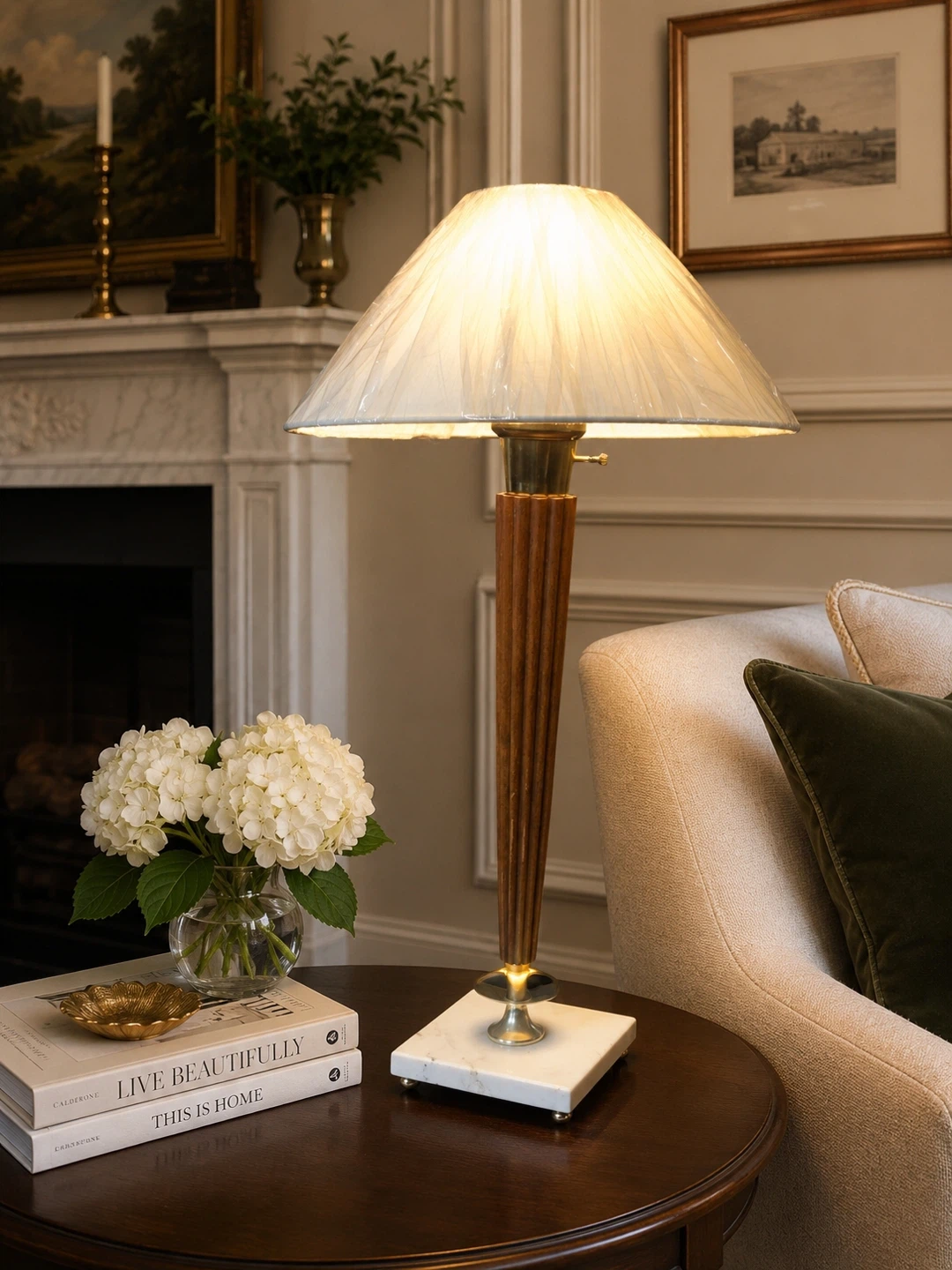 NEW Fluted Acacia Wood & Marble Table Lamp