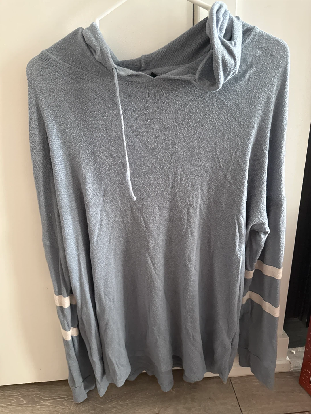 Soft Light Blue Hoodie with Striped Sleeves