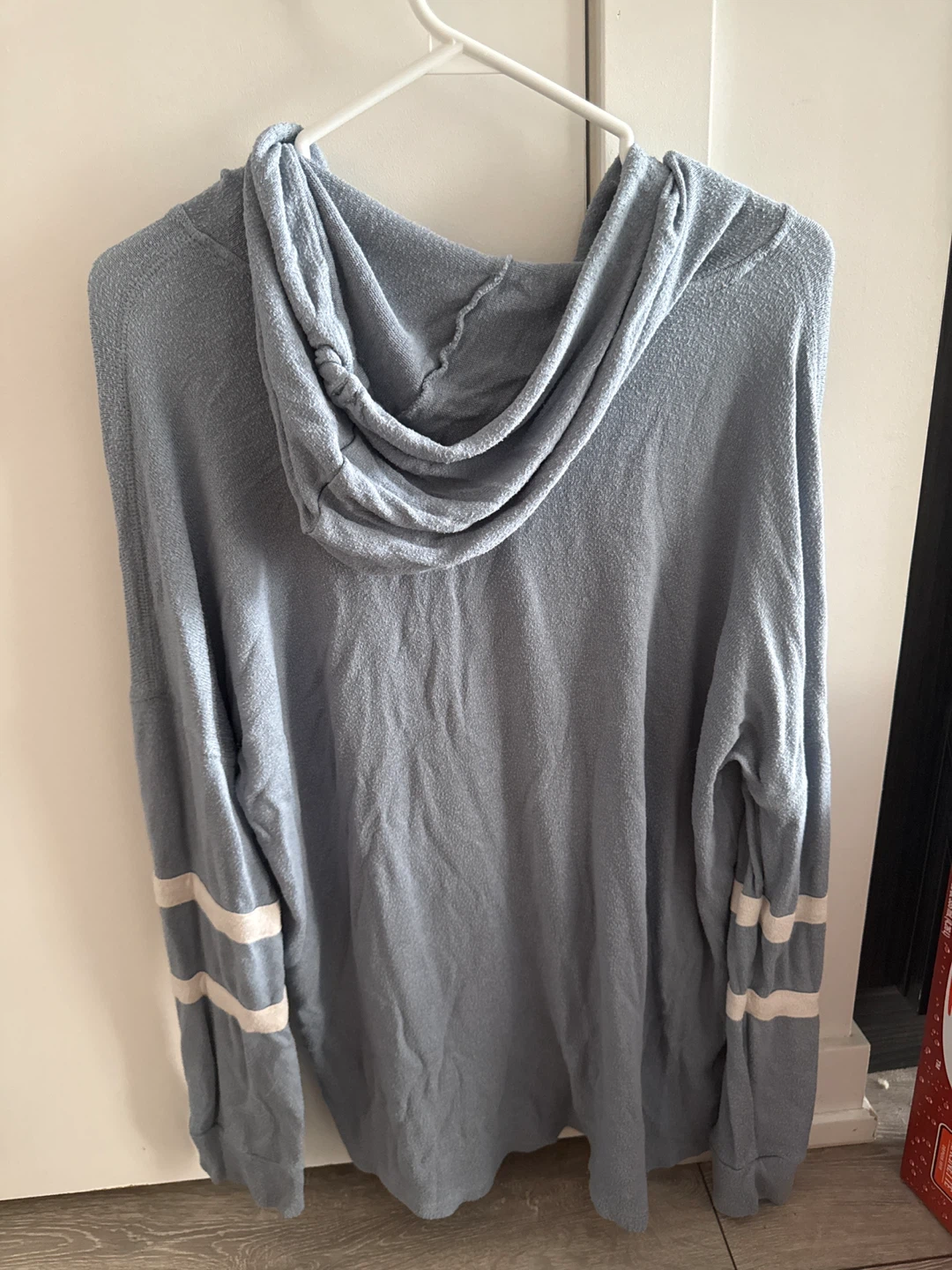 Soft Light Blue Hoodie with Striped Sleeves - photo 2