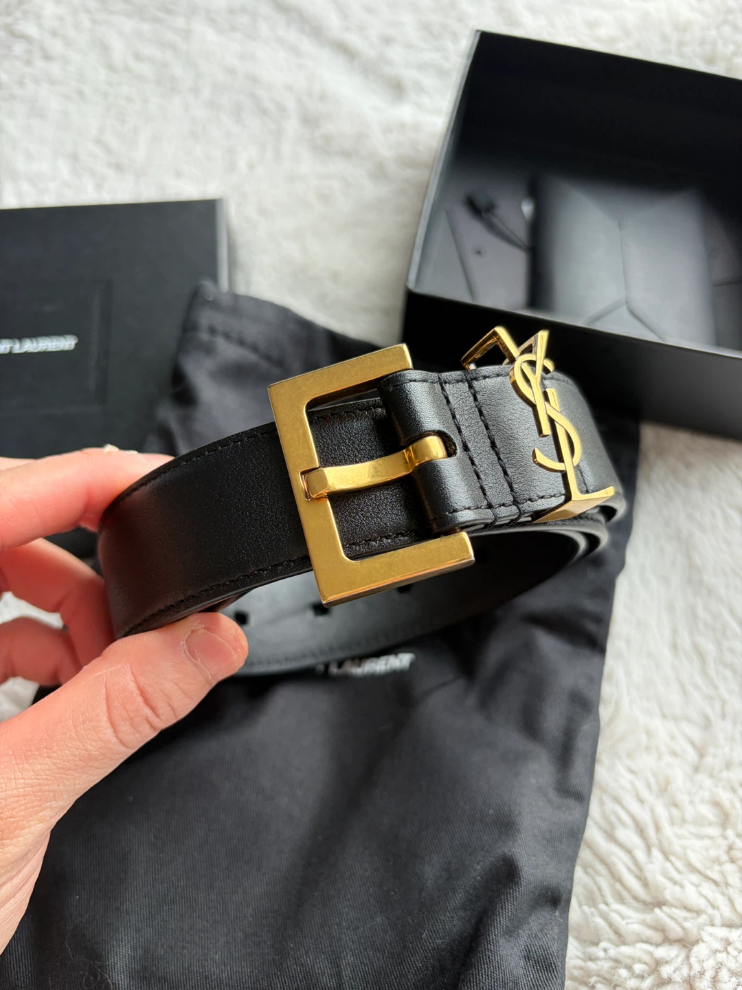 Saint Laurent Black Leather Belt with Gold YSL Buckle