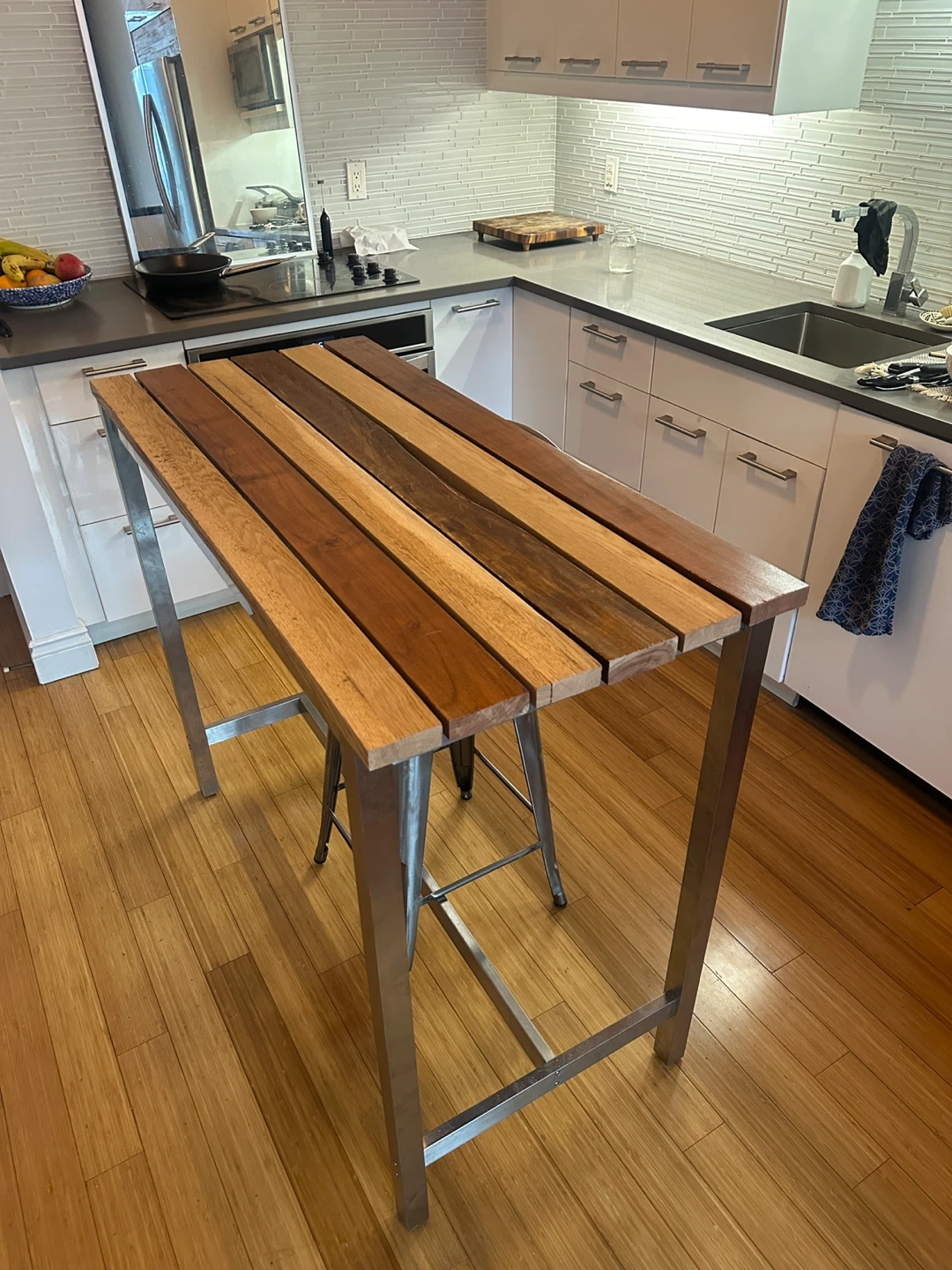 MODERN TEAK / OAK WOOD KITCHEN ISLAND BAR HEIGHT TABLE - photo 2