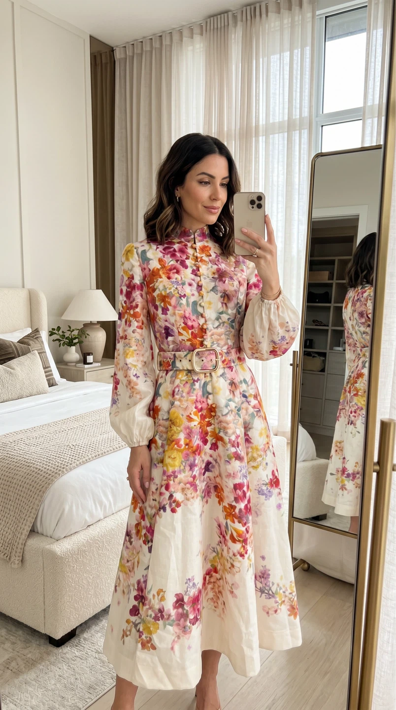 Floral Belted Midi Dress Small