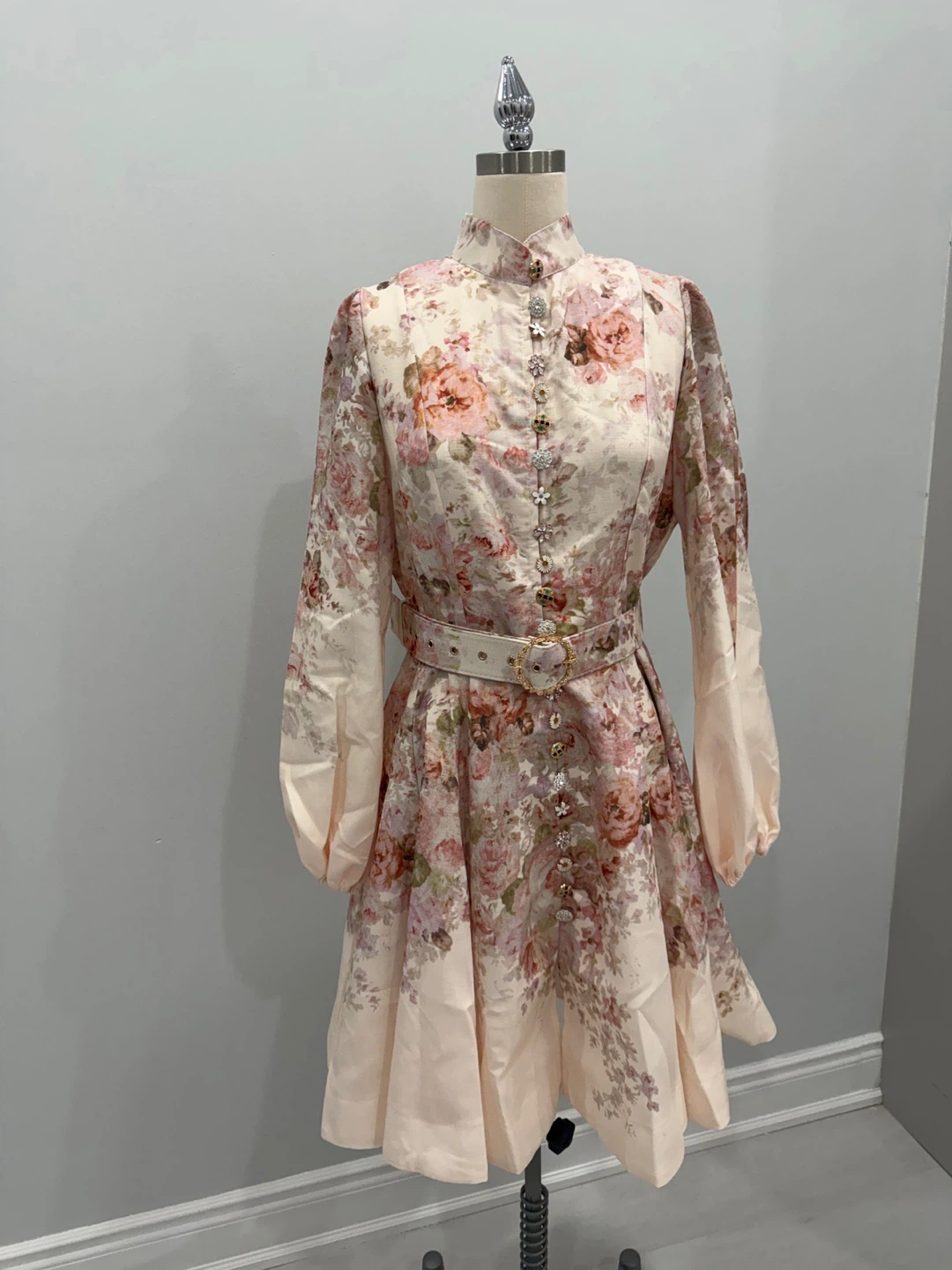 Floral Print Dress with Embellished Buttons and Belt - photo 3