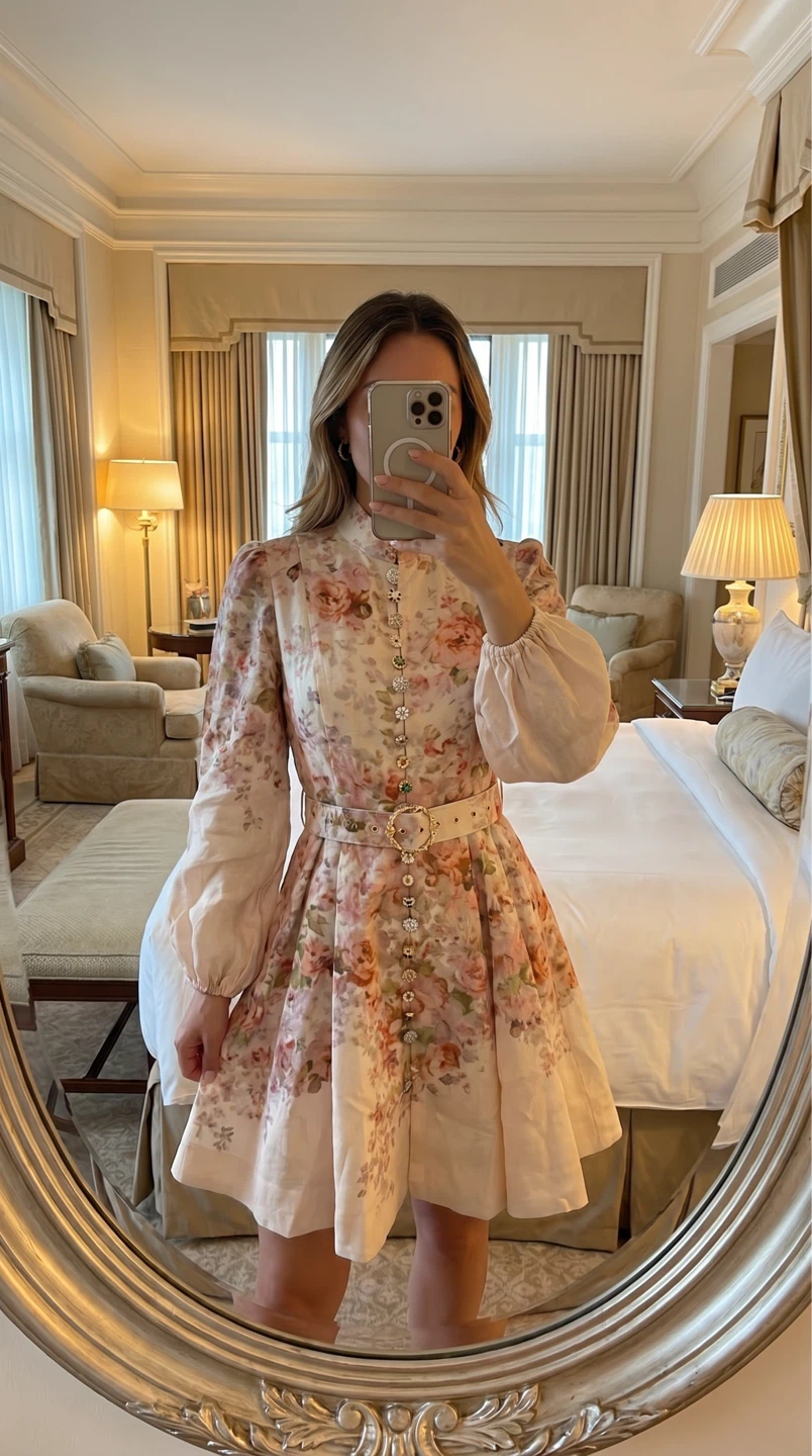 Floral Print Dress with Embellished Buttons and Belt