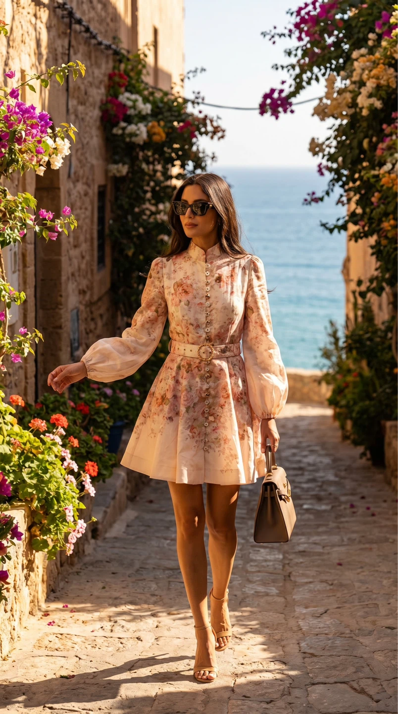 Floral Print Dress with Embellished Buttons and Belt - photo 2