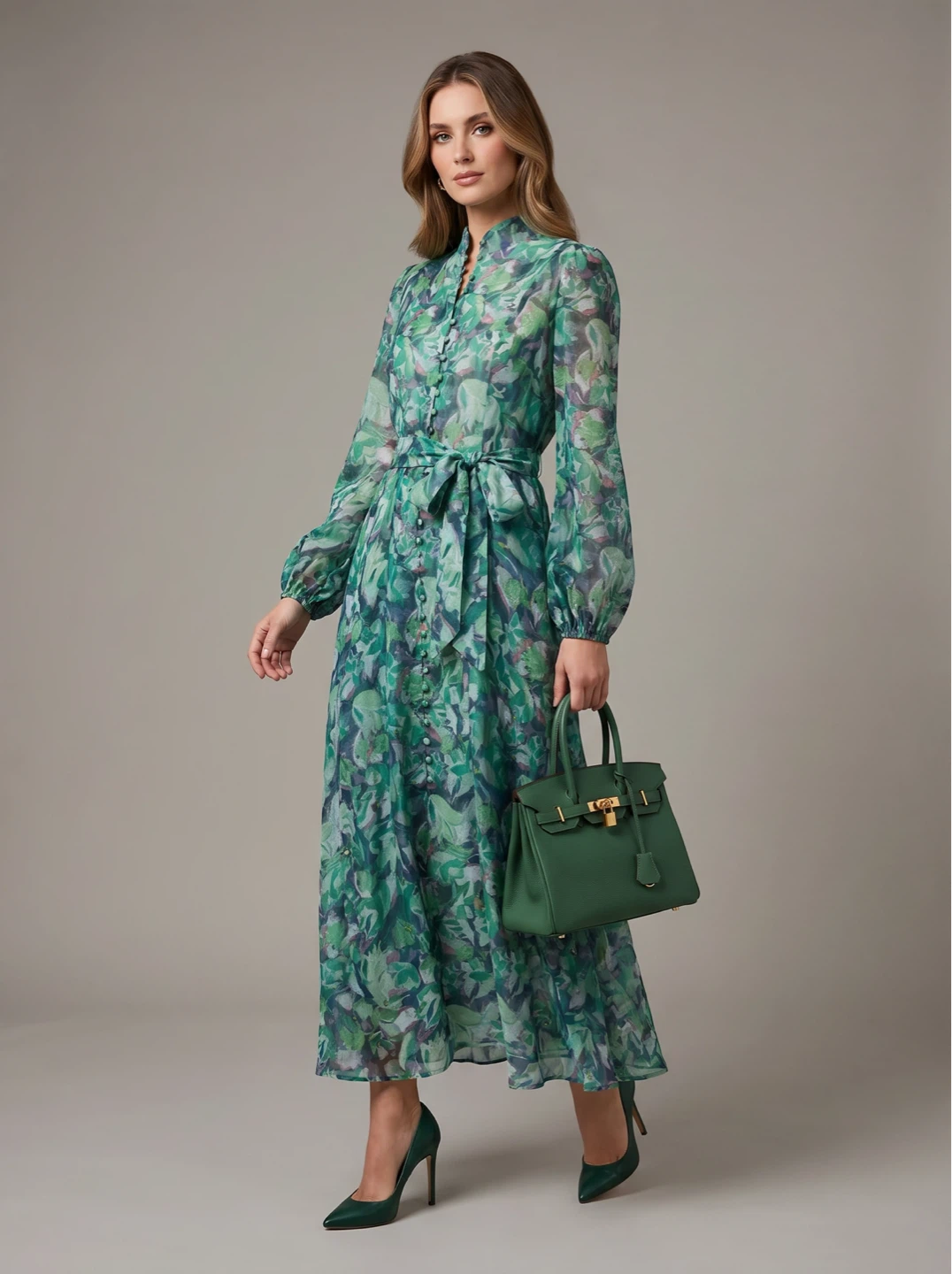 Green Floral Print Maxi Dress with Belt - photo 3