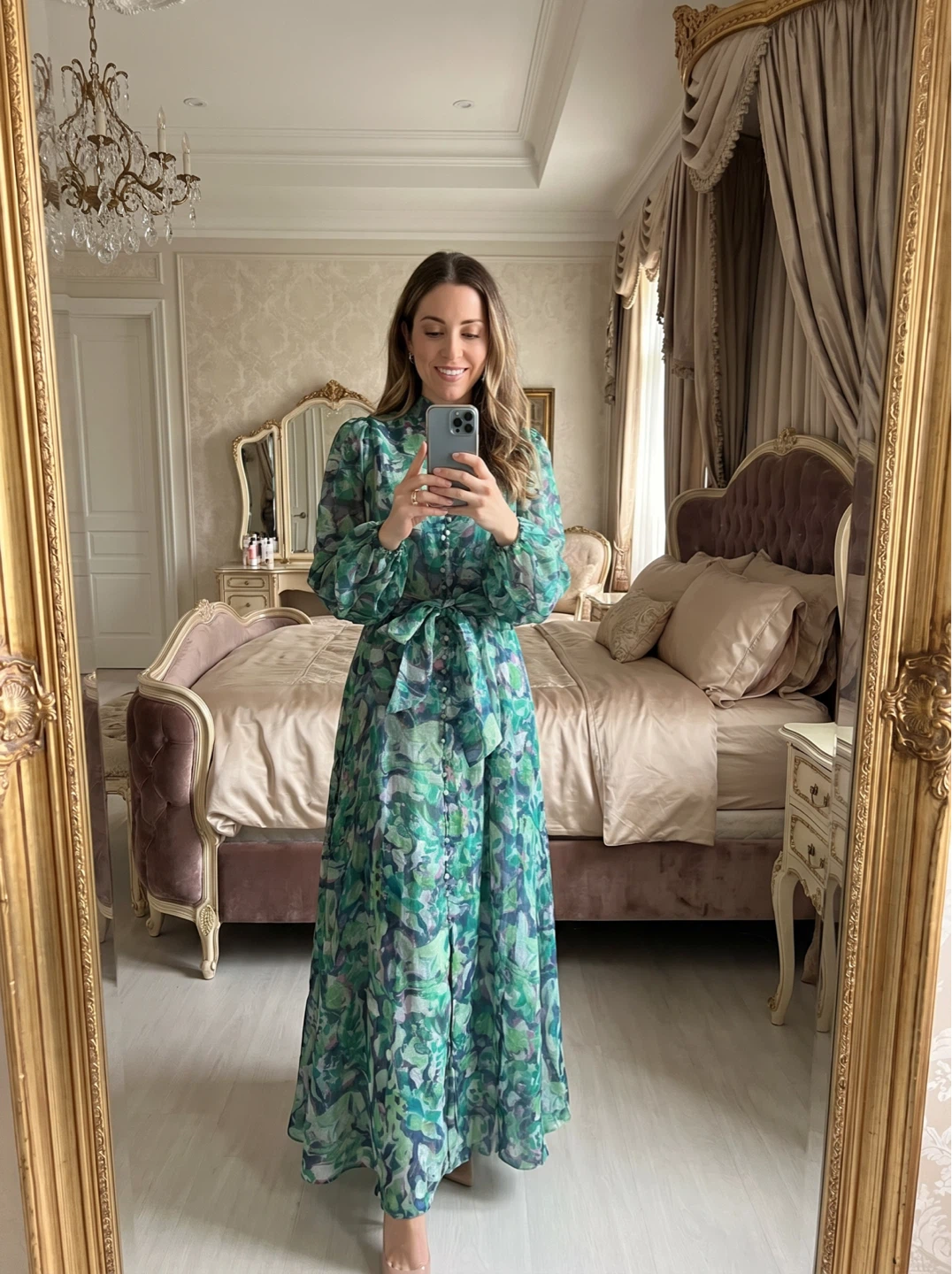 Green Floral Print Maxi Dress with Belt - photo 4