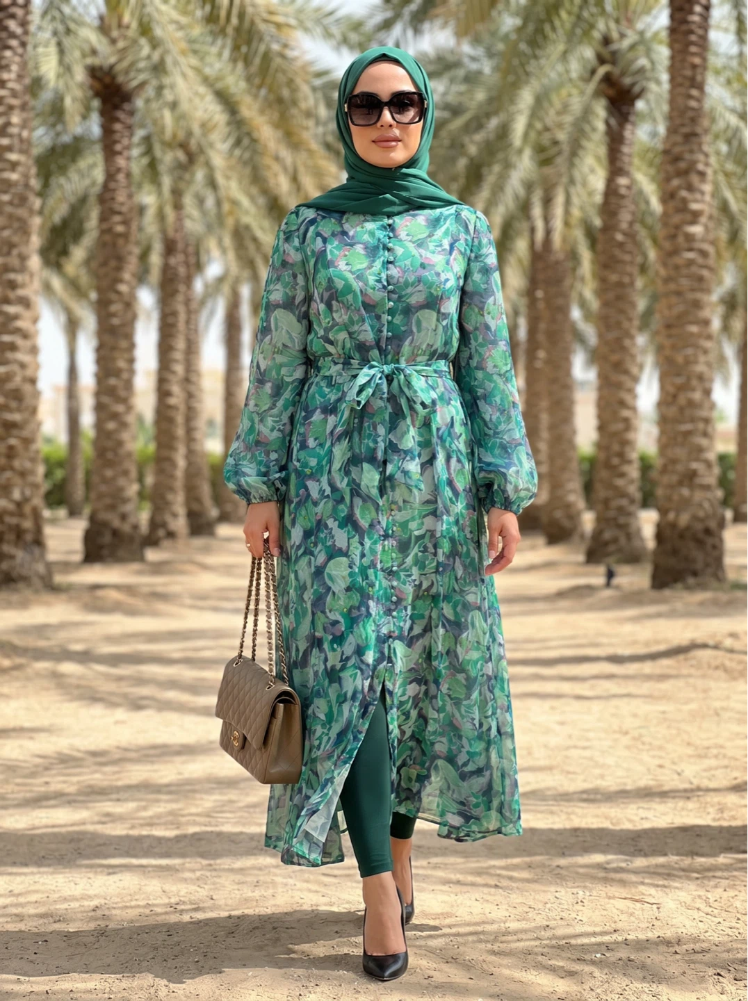Green Floral Print Maxi Dress with Belt - photo 2
