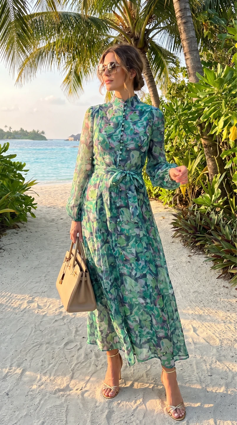 Green Floral Print Maxi Dress with Belt