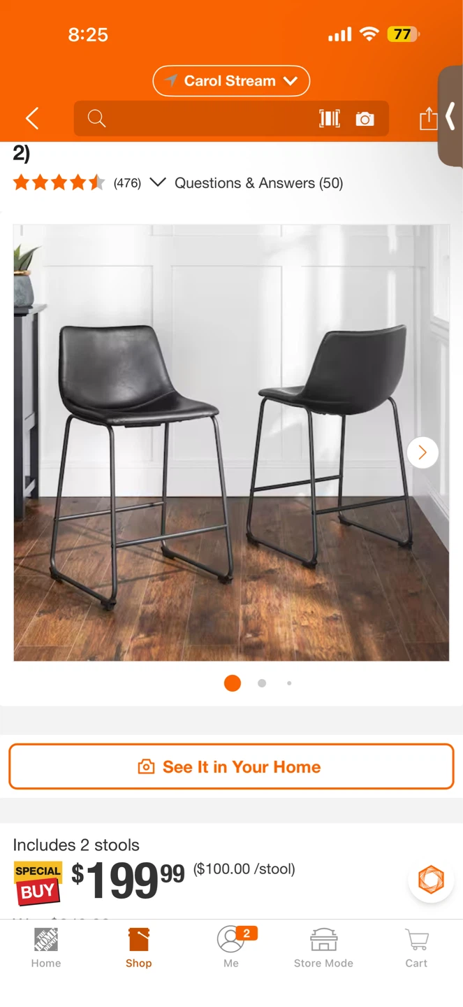 Set of 2 Black Faux Leather Bar Stools - photo 2