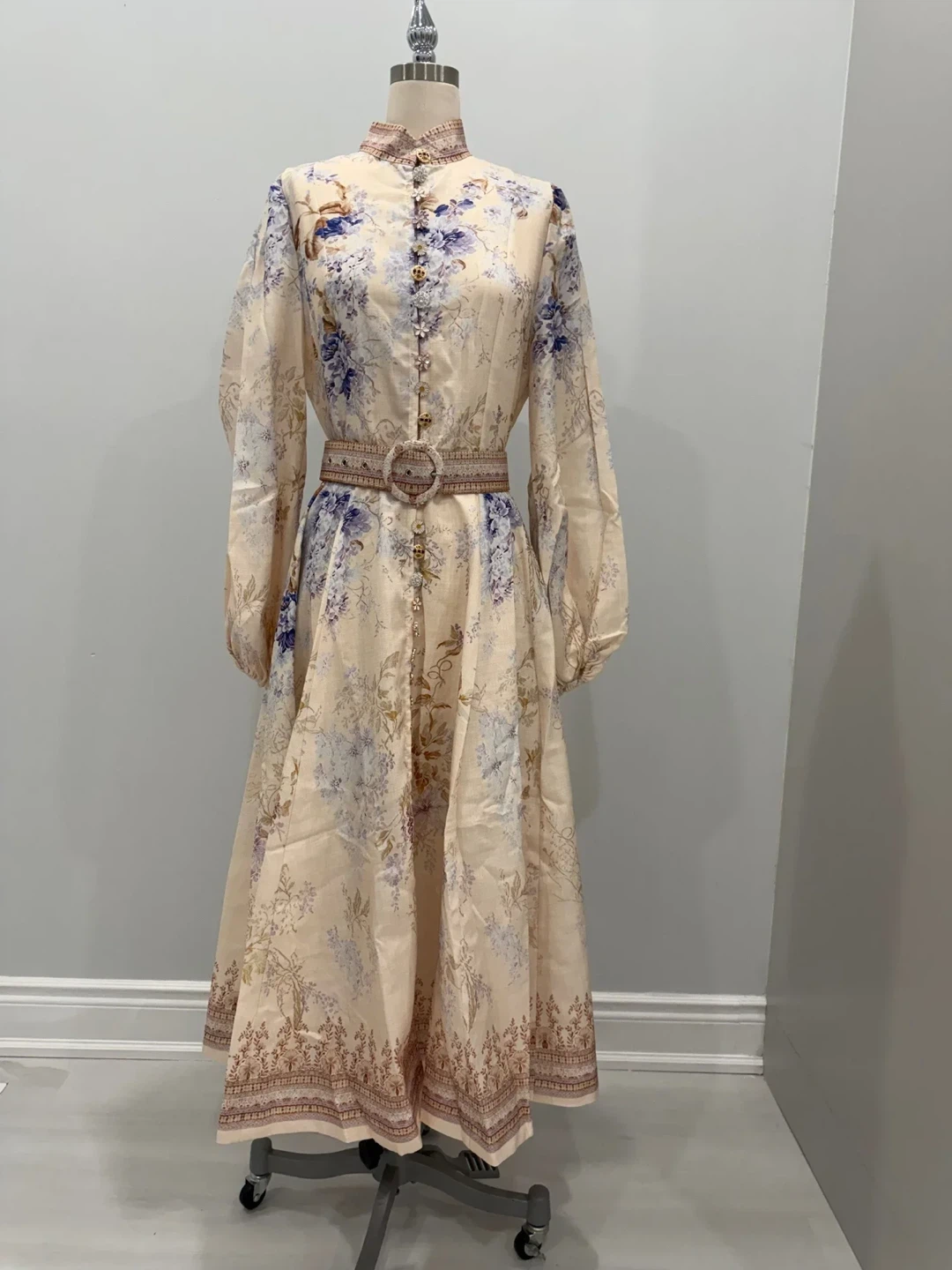 Cream Floral Print Button-Front Midi Dress with Belt - photo 4