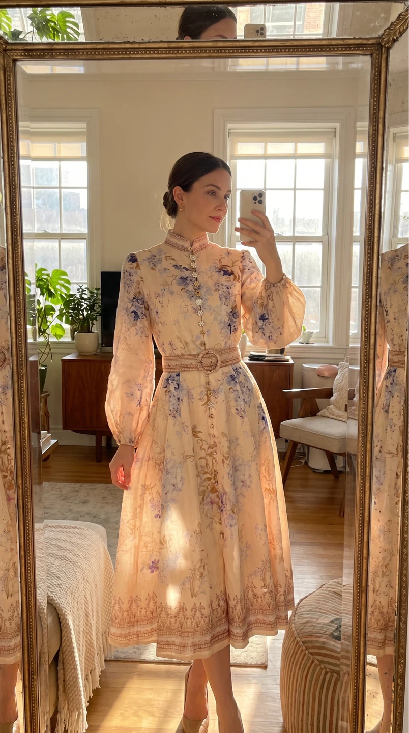 Cream Floral Print Button-Front Midi Dress with Belt