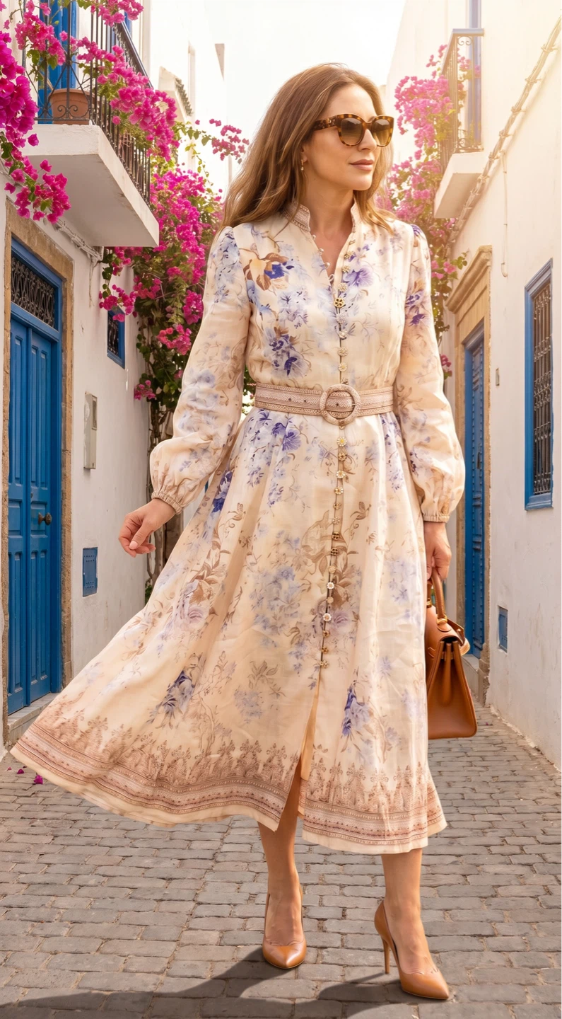 Cream Floral Print Button-Front Midi Dress with Belt - photo 2