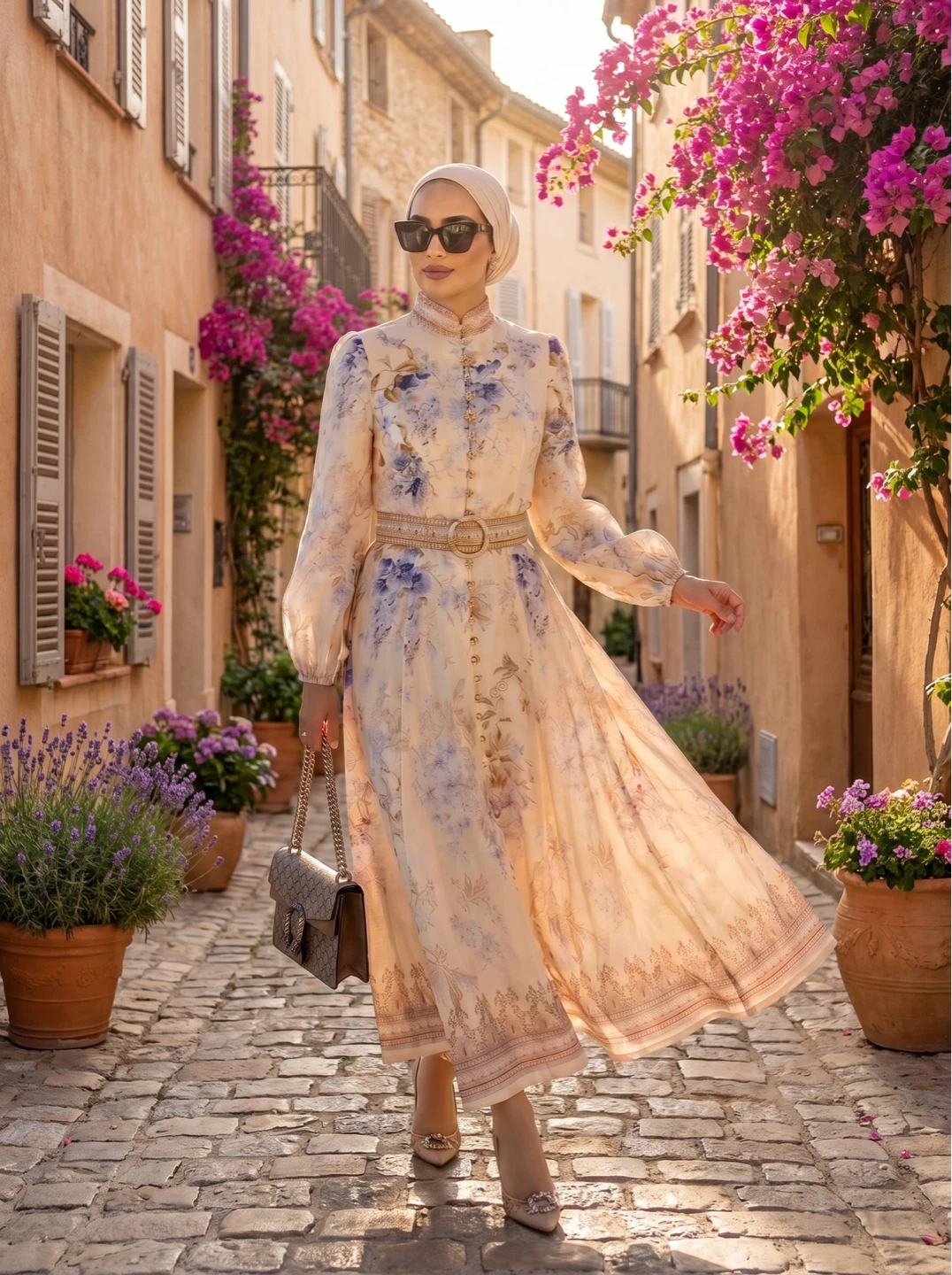 Cream Floral Print Button-Front Midi Dress with Belt - photo 3