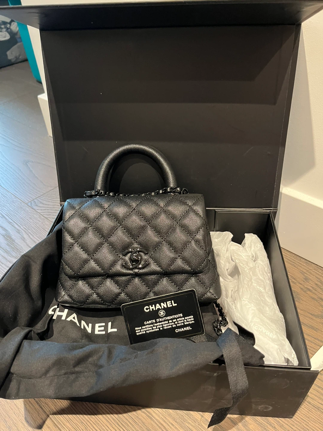 Chanel Black Quilted Caviar Leather Handle Bag with Box