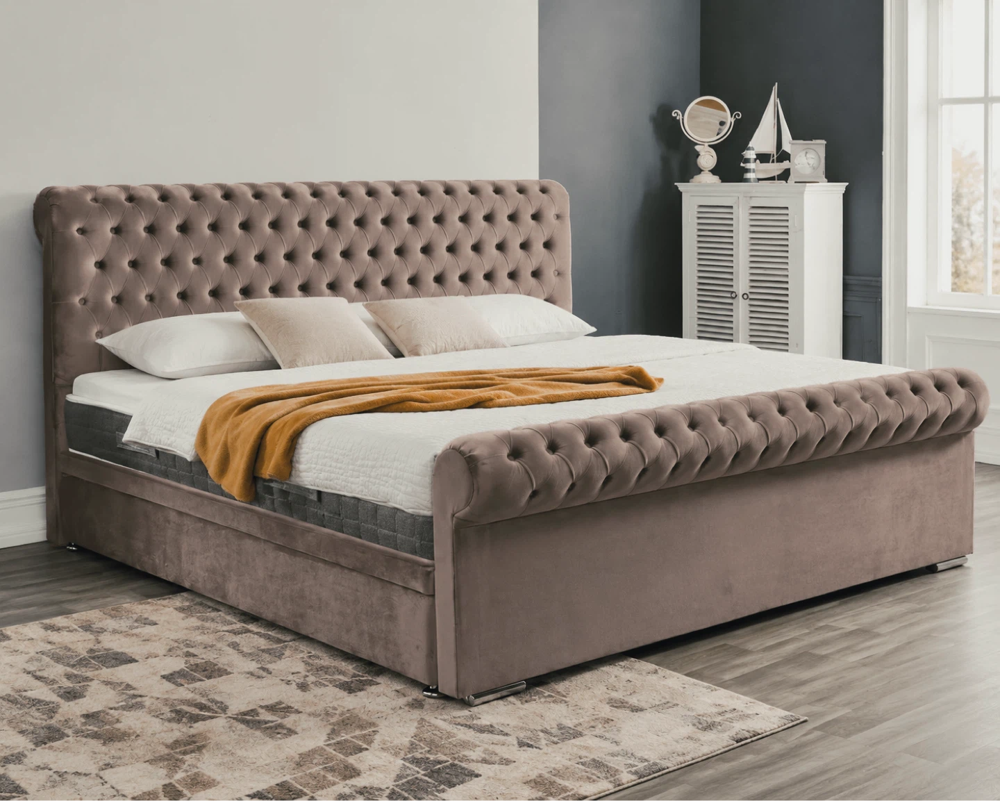 King Tufted Sleigh Bed Frame Headboard