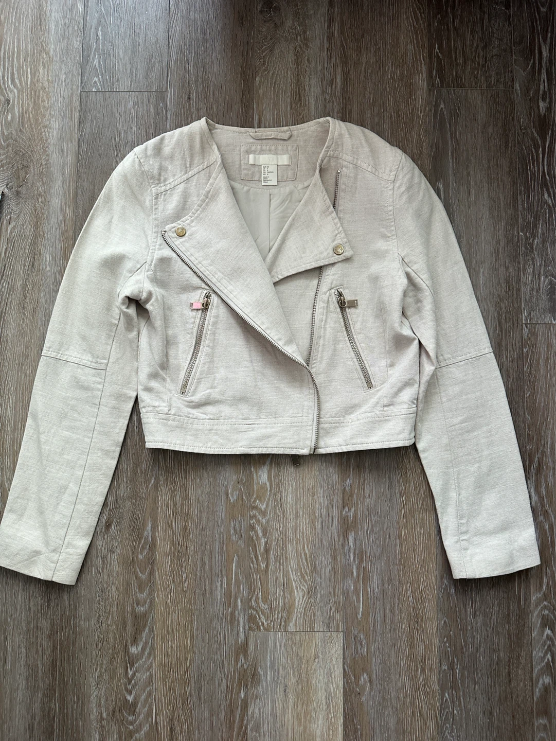 H&M Beige linen blend Cropped Moto Jacket - photo 4