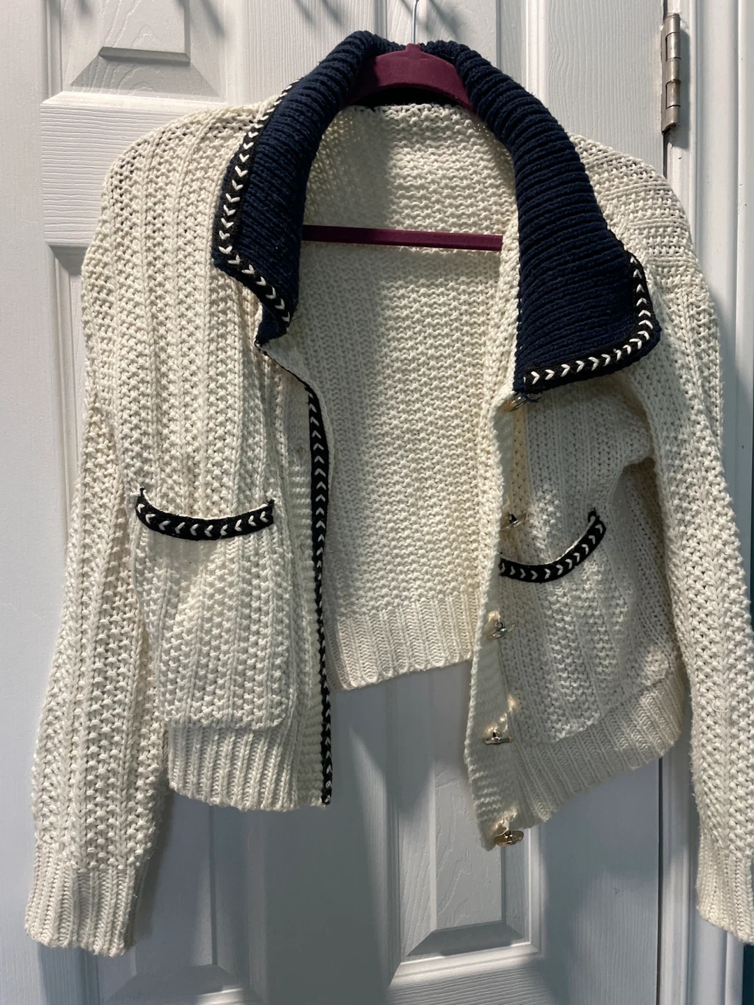 SHEIN Cream & Navy Knit Cardigan - photo 2