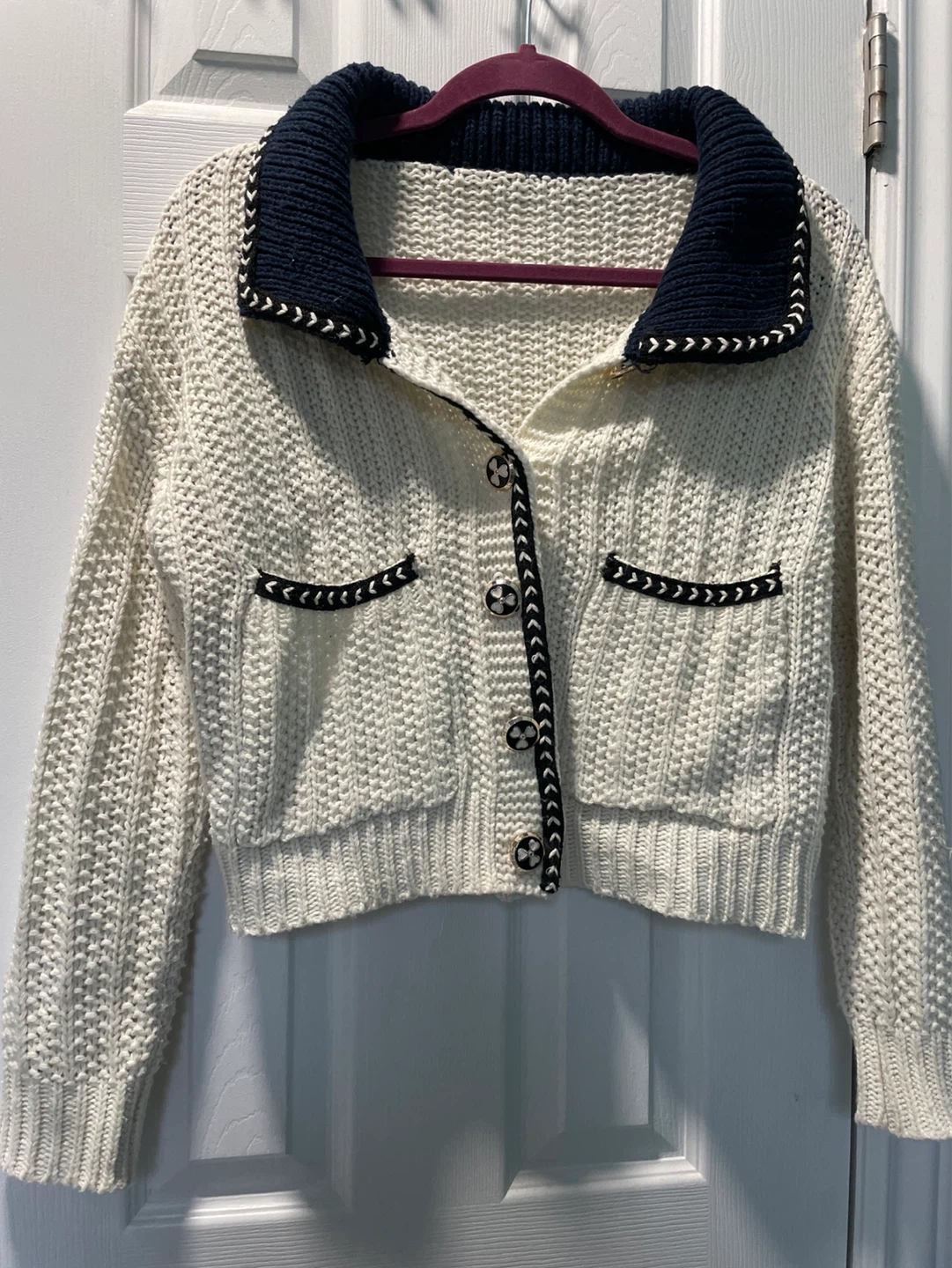 SHEIN Cream & Navy Knit Cardigan