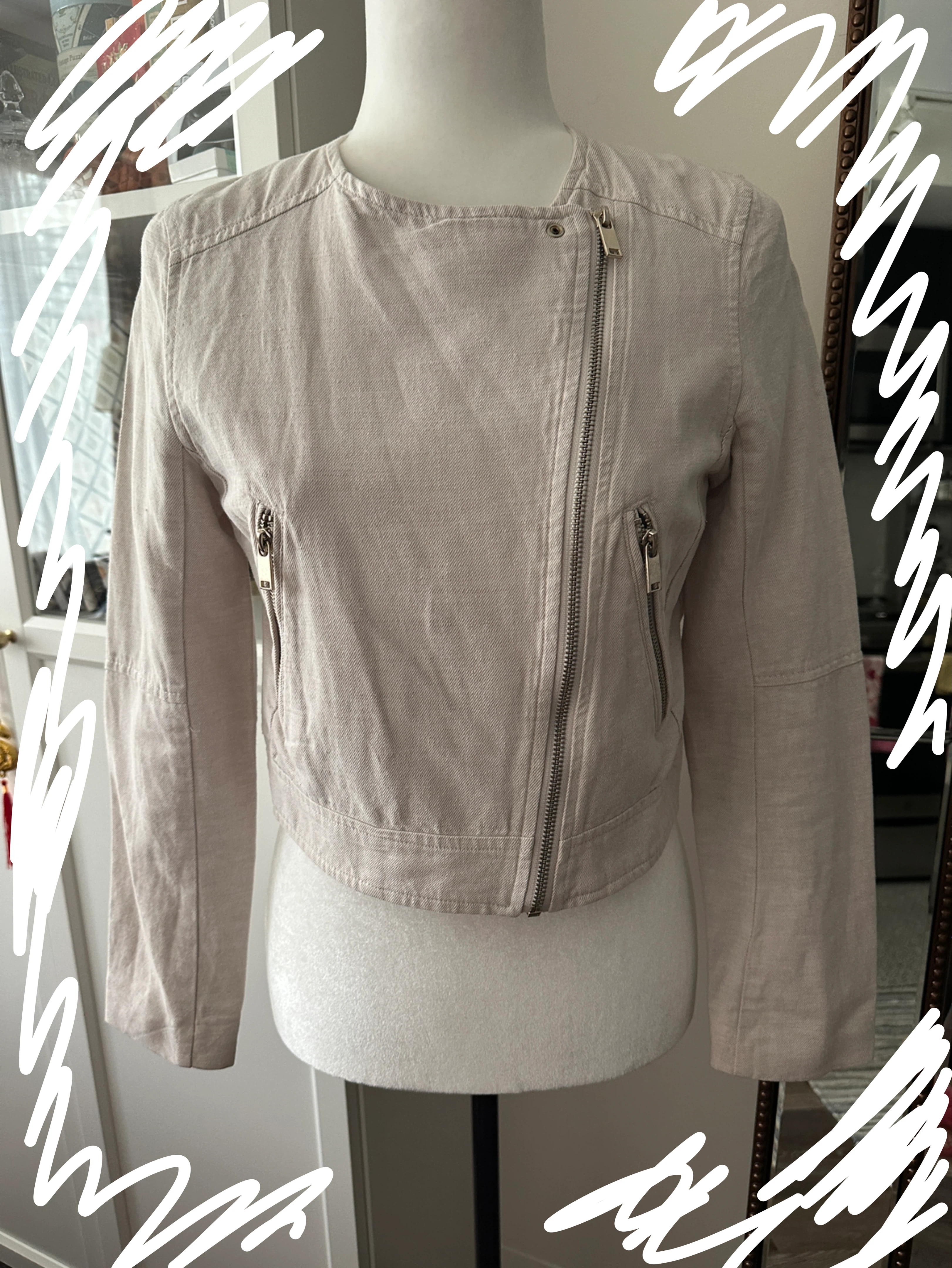 H&M Beige linen blend Cropped Moto Jacket