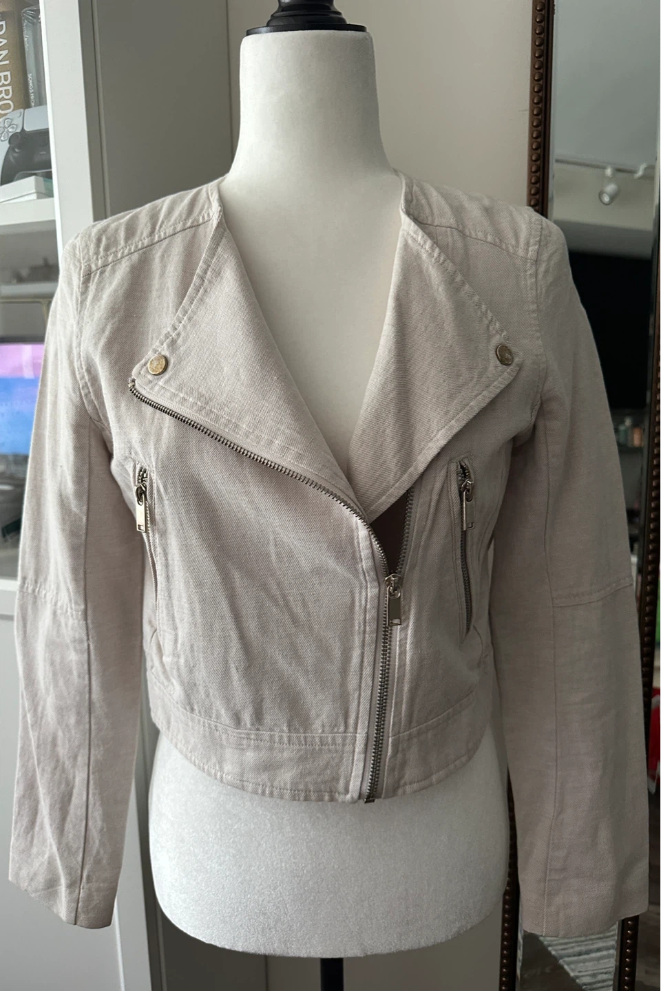 H&M Beige linen blend Cropped Moto Jacket - photo 3