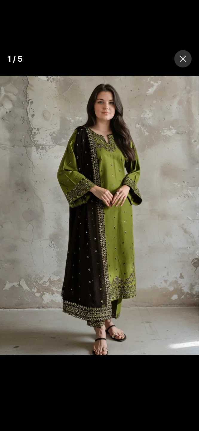 Green Embroidered 3-Piece Suit with Black Dupatta - photo 4