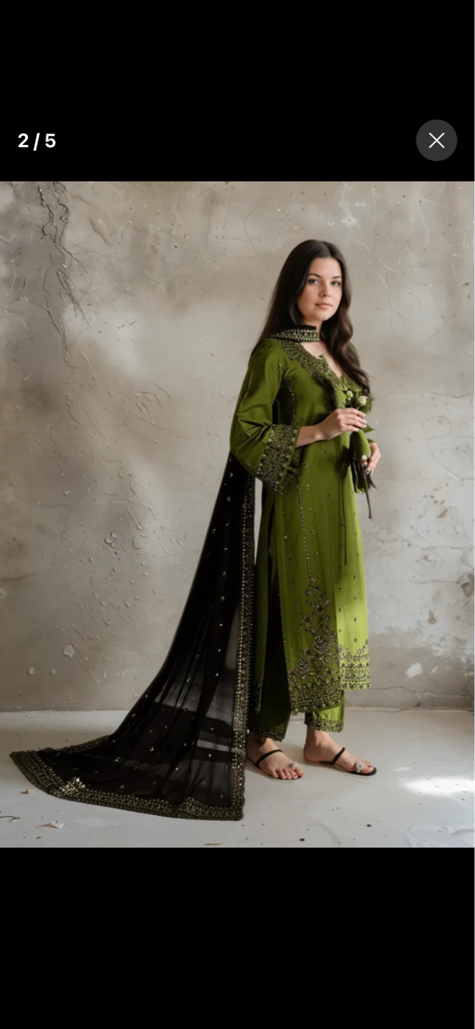 Green Embroidered 3-Piece Suit with Black Dupatta - photo 3