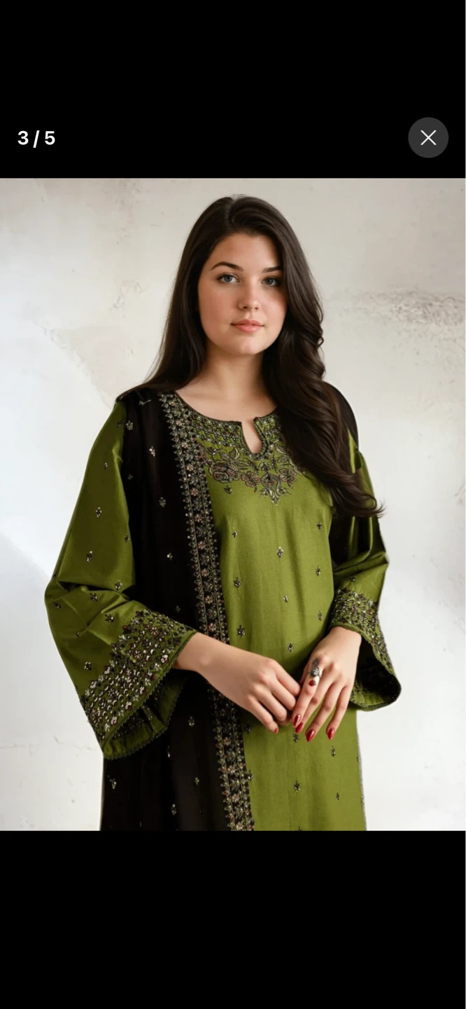Green Embroidered 3-Piece Suit with Black Dupatta - photo 2