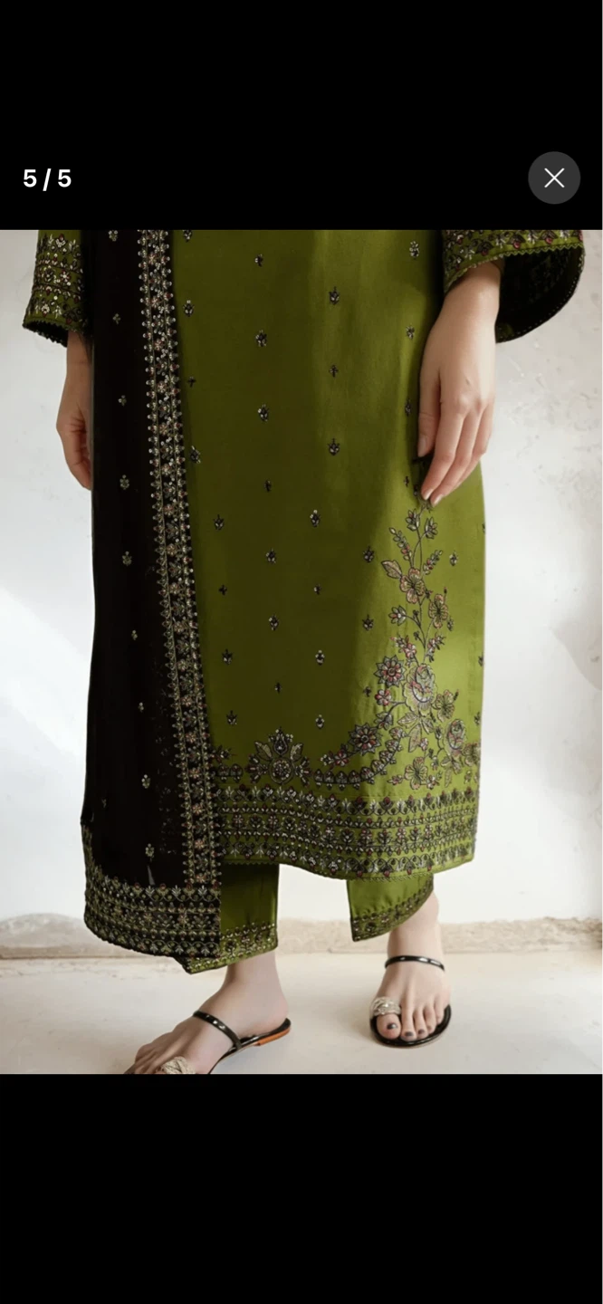 Green Embroidered 3-Piece Suit with Black Dupatta