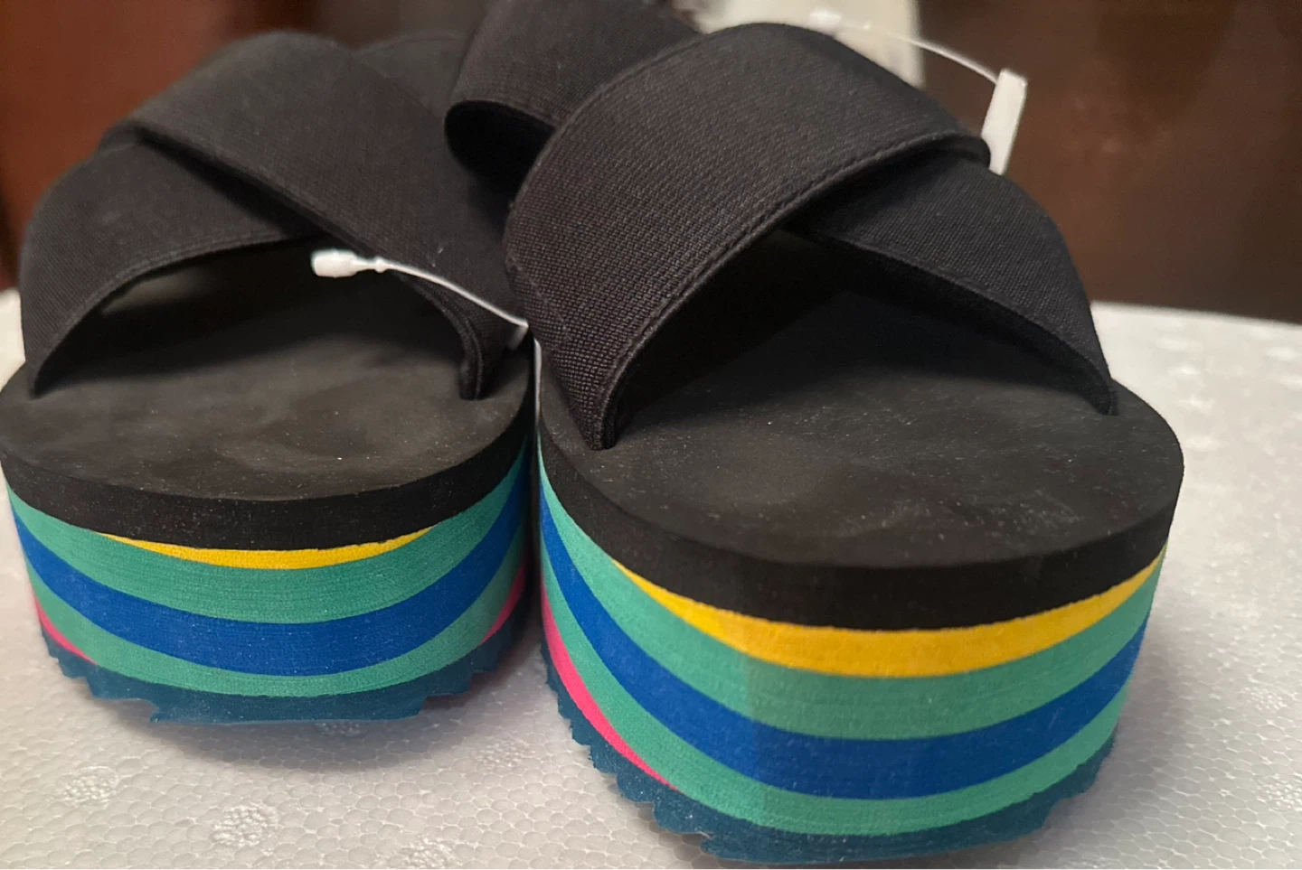 Black Platform Wedge Sandals with Rainbow Stripes