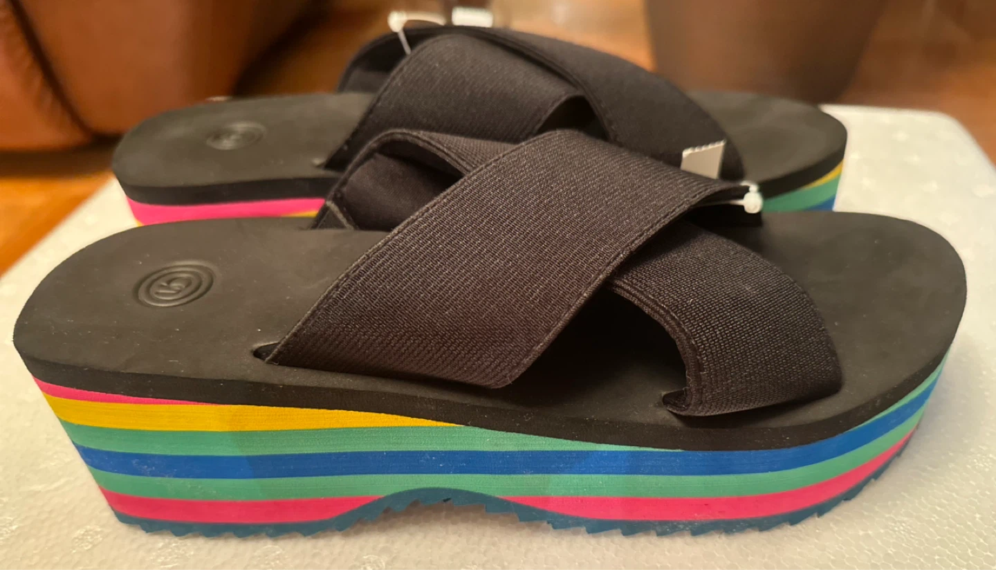 Black Platform Wedge Sandals with Rainbow Stripes - photo 3