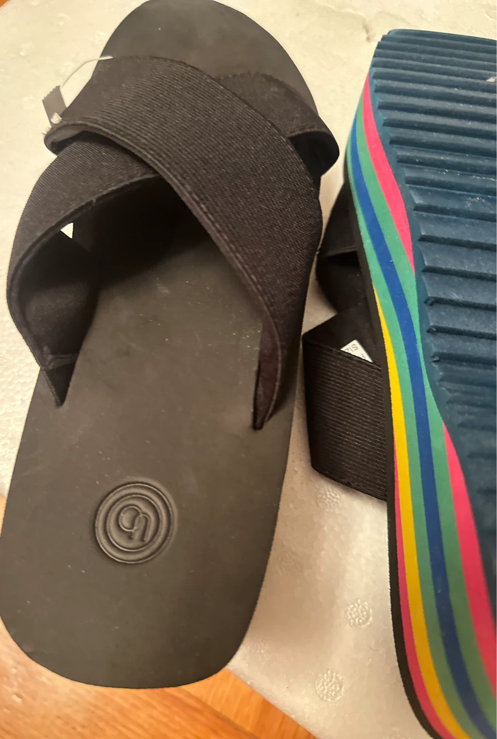 Black Platform Wedge Sandals with Rainbow Stripes - photo 4