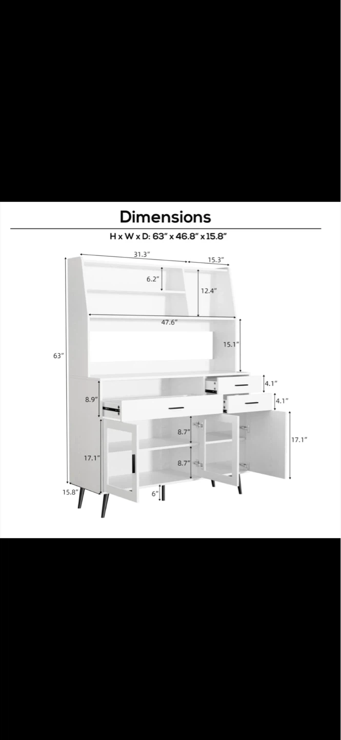 White Kitchen Hutch with Storage Shelves and Cabinets