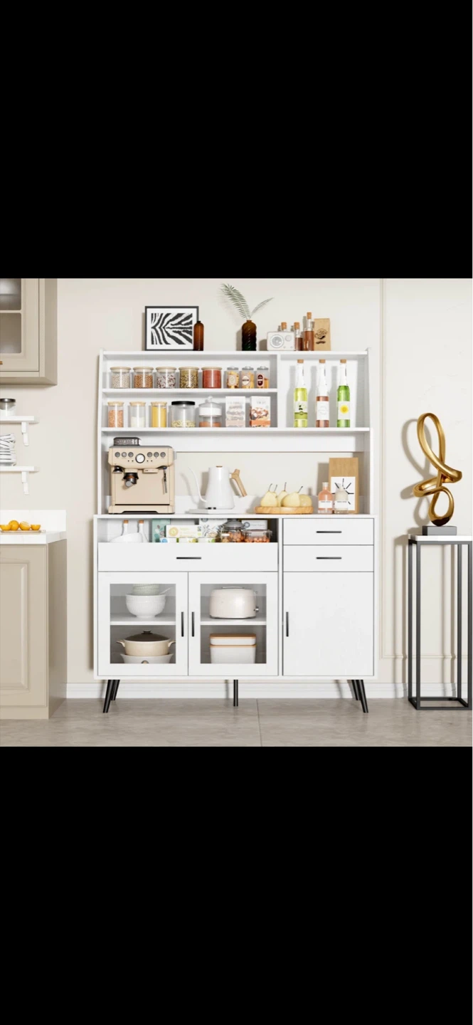 White Kitchen Hutch with Storage Shelves and Cabinets - photo 2