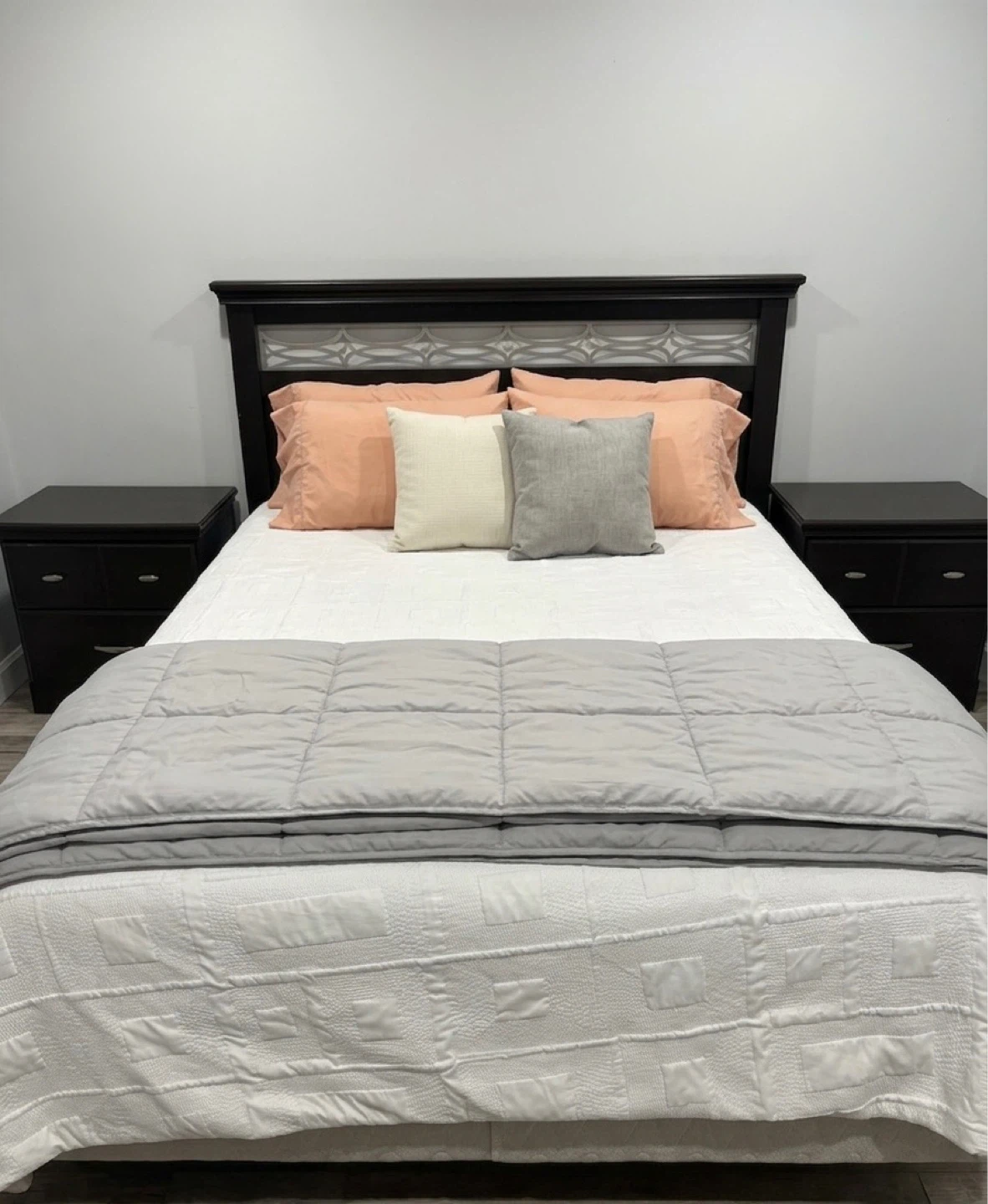 Dark Wood Bedroom Set with Headboard, Dresser, and Nightstands
