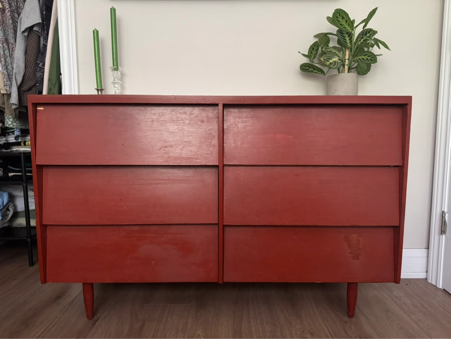 Red MidCentury Six-Drawer Dresser