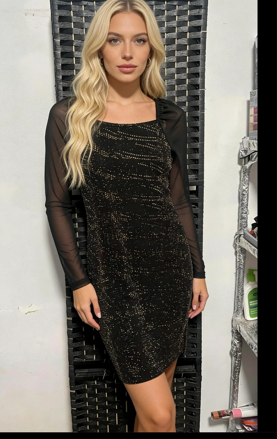 Black Mesh Sleeve Glitter Dress Size s/M