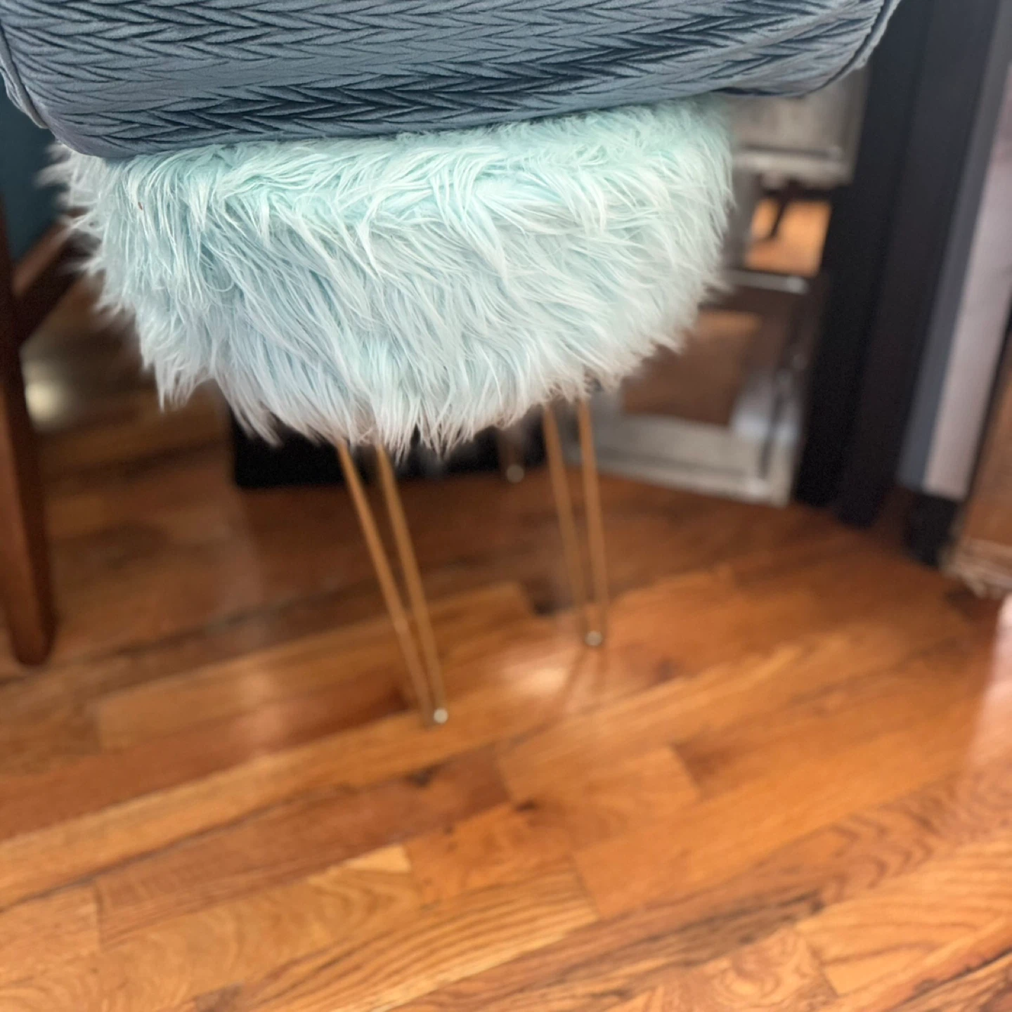 Light Blue Faux Fur Round Ottoman Stool with Gold Legs - photo 3