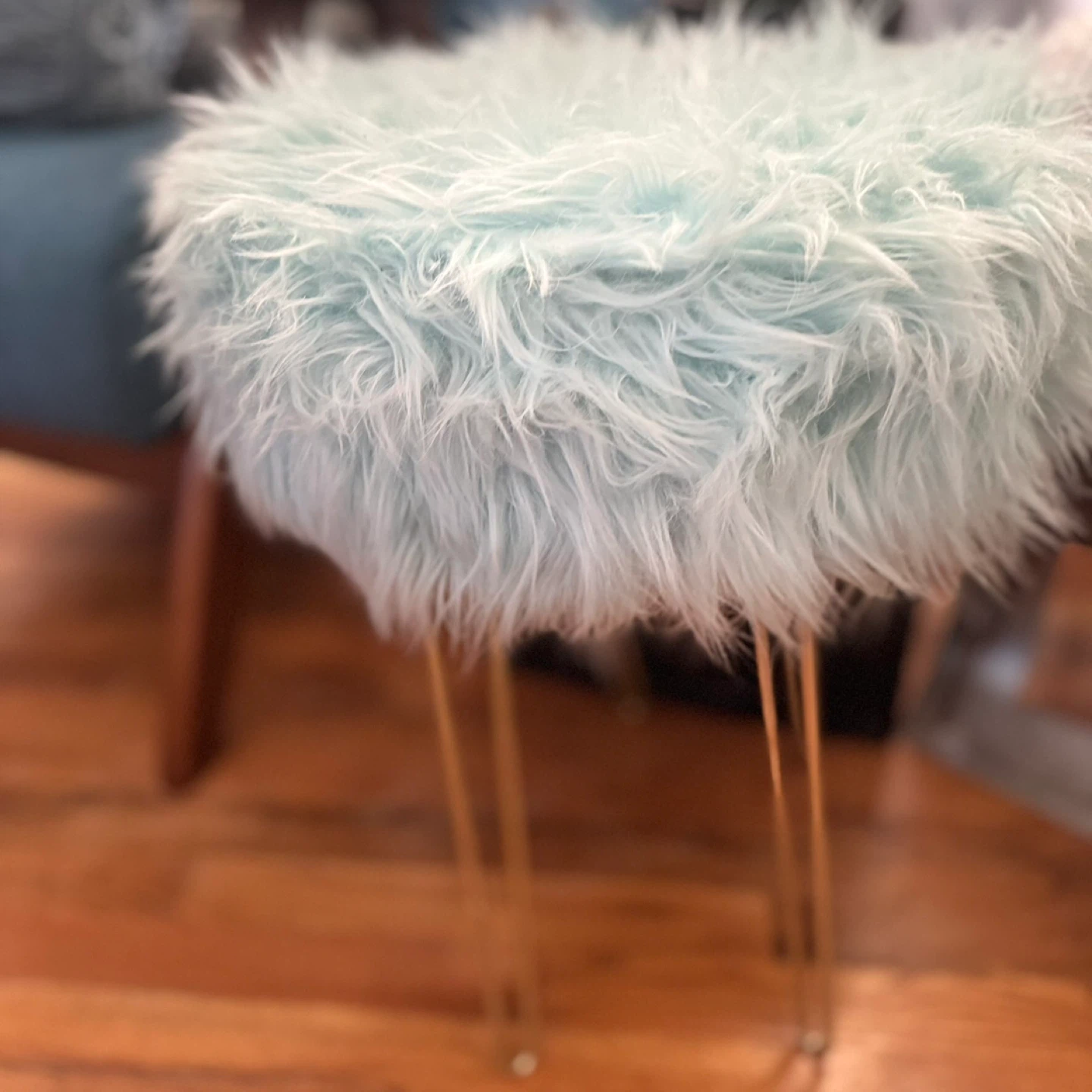 Light Blue Faux Fur Round Ottoman Stool with Gold Legs - photo 2