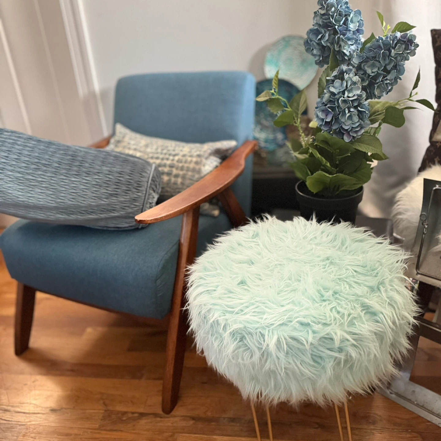 Light Blue Faux Fur Round Ottoman Stool with Gold Legs