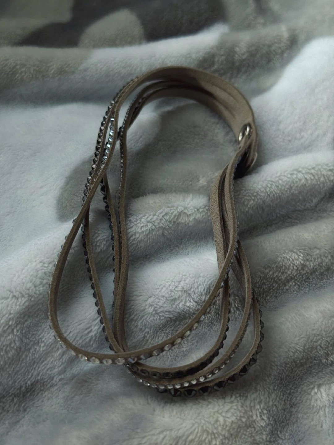 Grey Leather Wrap Bracelet with Crystals, Swarovski - photo 5