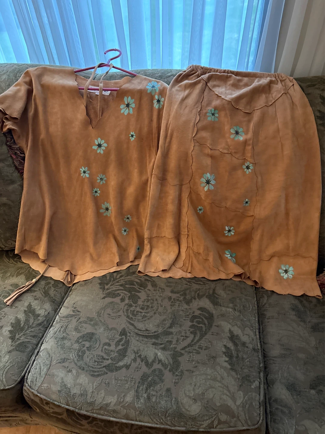 Brown  real Suede Skirt and Top Set with Flower Embroidery