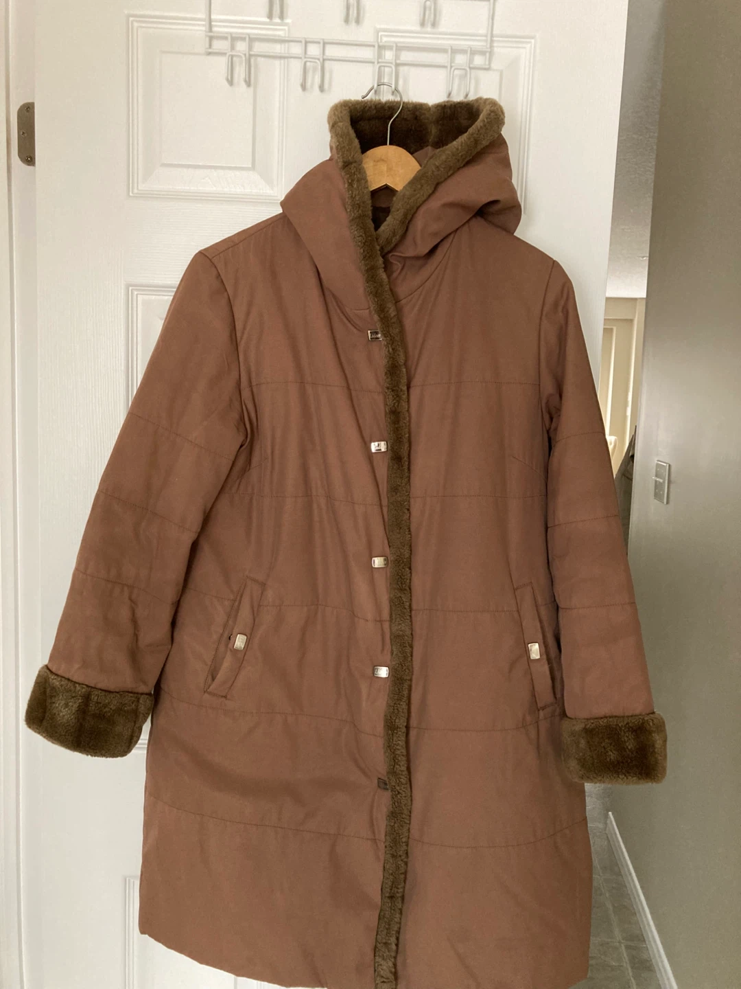 Brown Hooded Coat with Faux Fur Trim