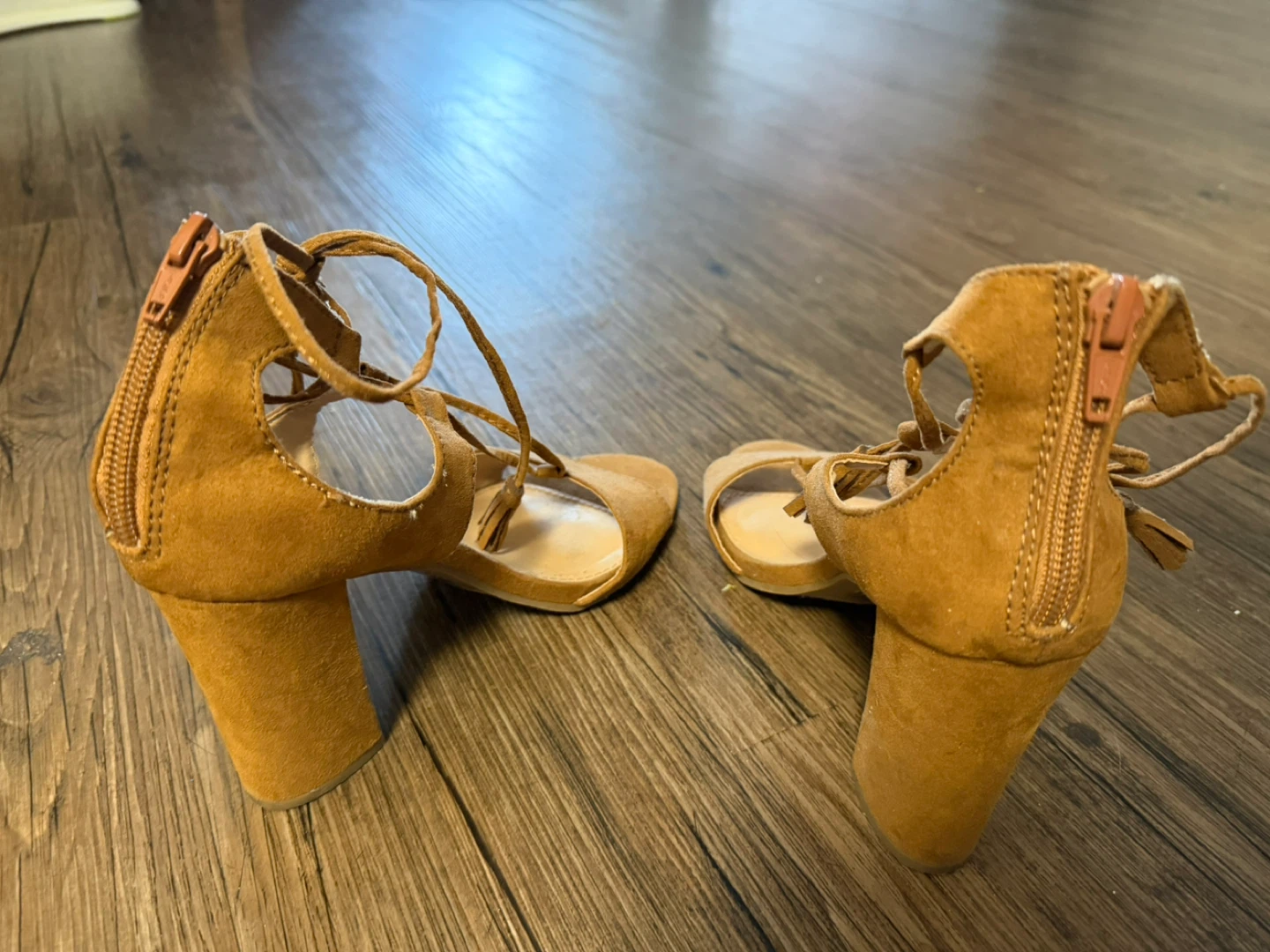 Tan Suede Lace-Up Block Heel Sandals