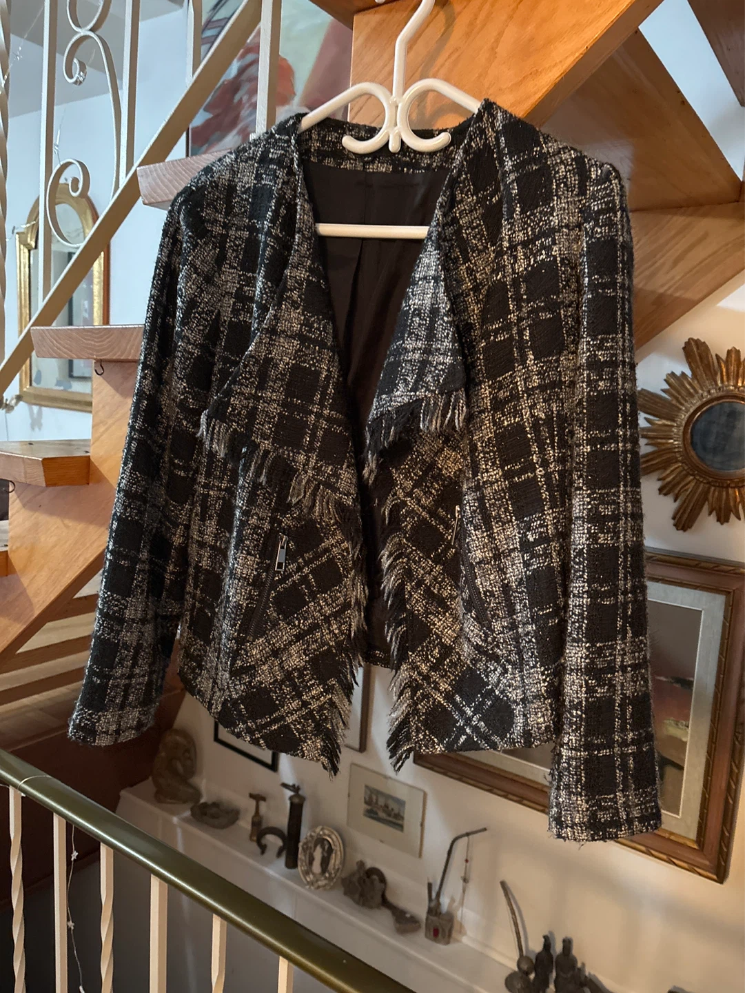 Black and White Plaid Tweed Jacket with Fringe